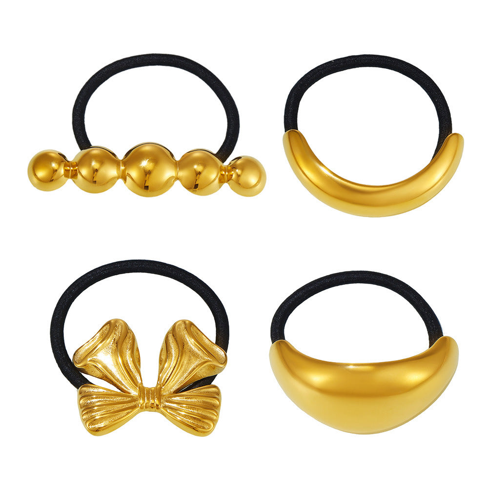 Stainless steel bow hair rope plated with 18K real gold European and American exaggerated hair band ponytail elastic headrope hair accessories