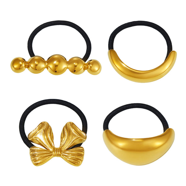 Stainless steel bow hair rope plated with 18K real gold European and American exaggerated hair band ponytail elastic headrope hair accessories