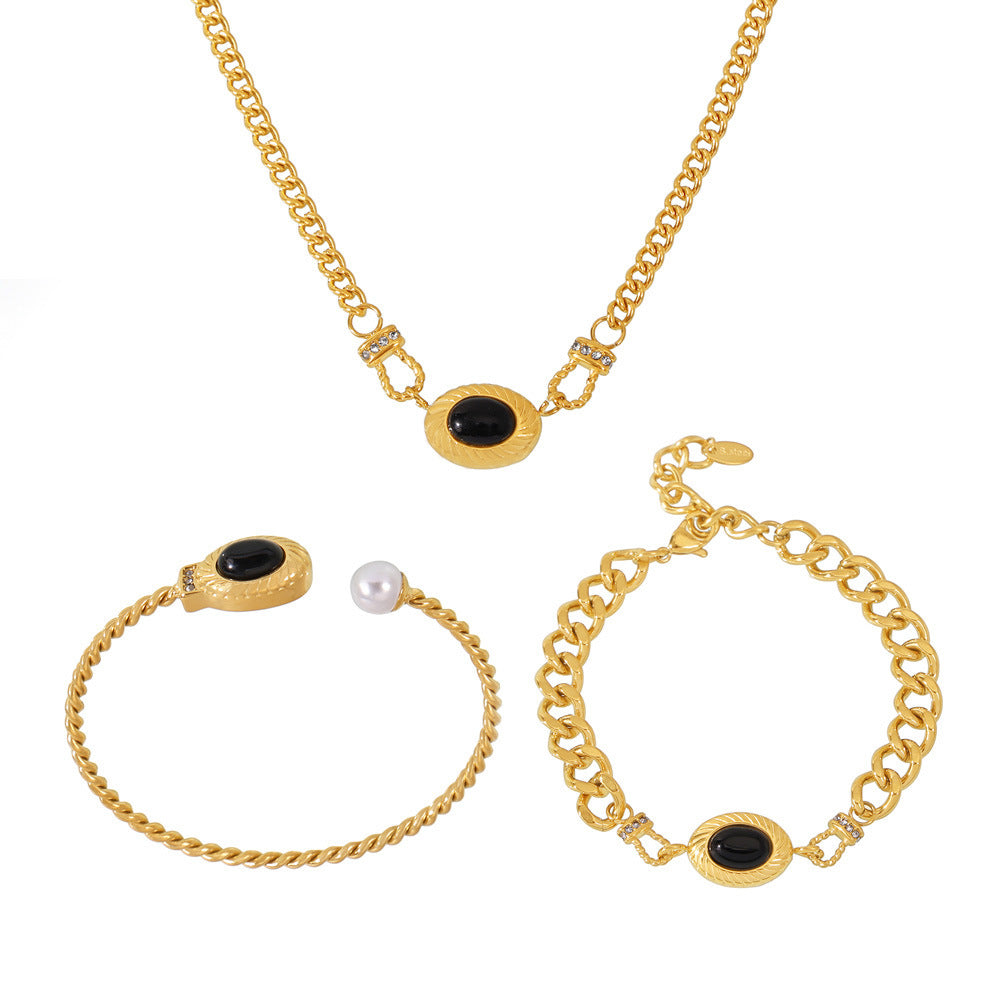 Black agate horseshoe buckle with diamond set necklace bracelet open bracelet jewelry stainless steel plated 18k gold
