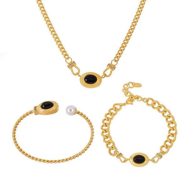 Black agate horseshoe buckle with diamond set necklace bracelet open bracelet jewelry stainless steel plated 18k gold
