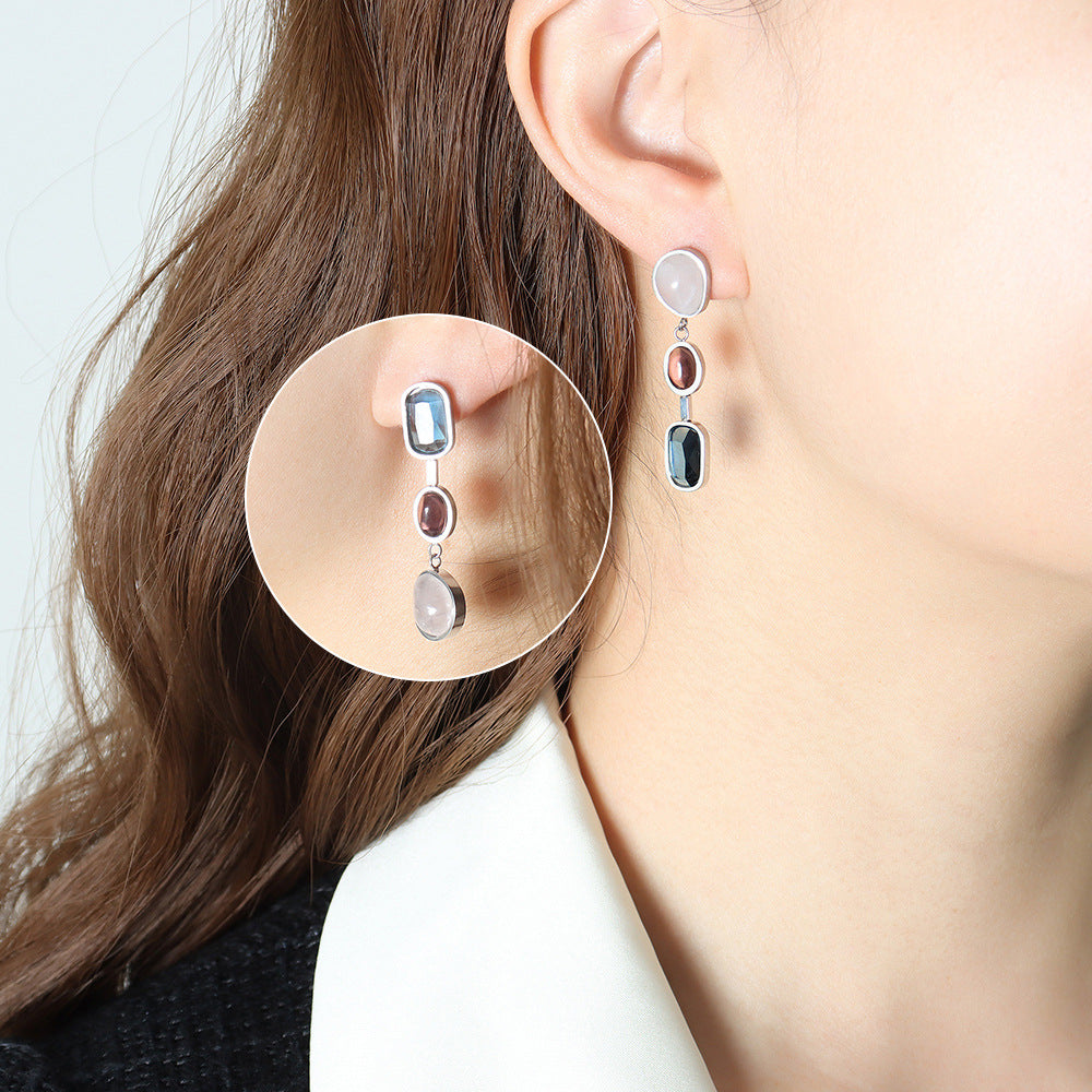 Personalized design titanium steel non-fading earrings asymmetrical inlaid spar colored earrings jewelry women 99
