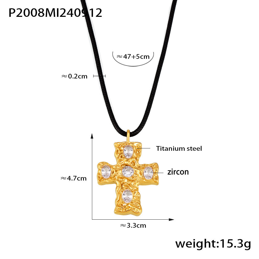 Beat Glass Cross Black Rope Necklace Titanium Steel 18K Gold Plated PVD Necklace