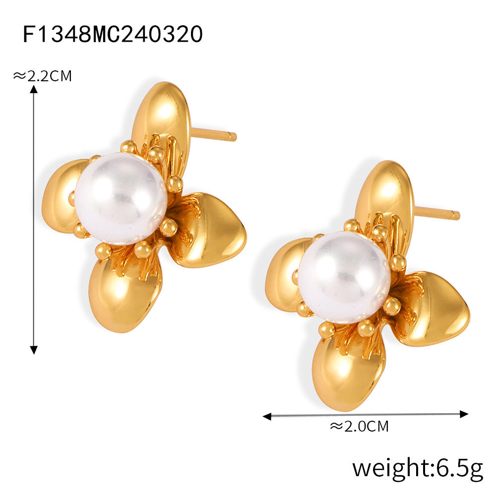 Textured petals flower inlaid bead stud earrings stainless steel electroplated 18K real gold earrings earrings combination