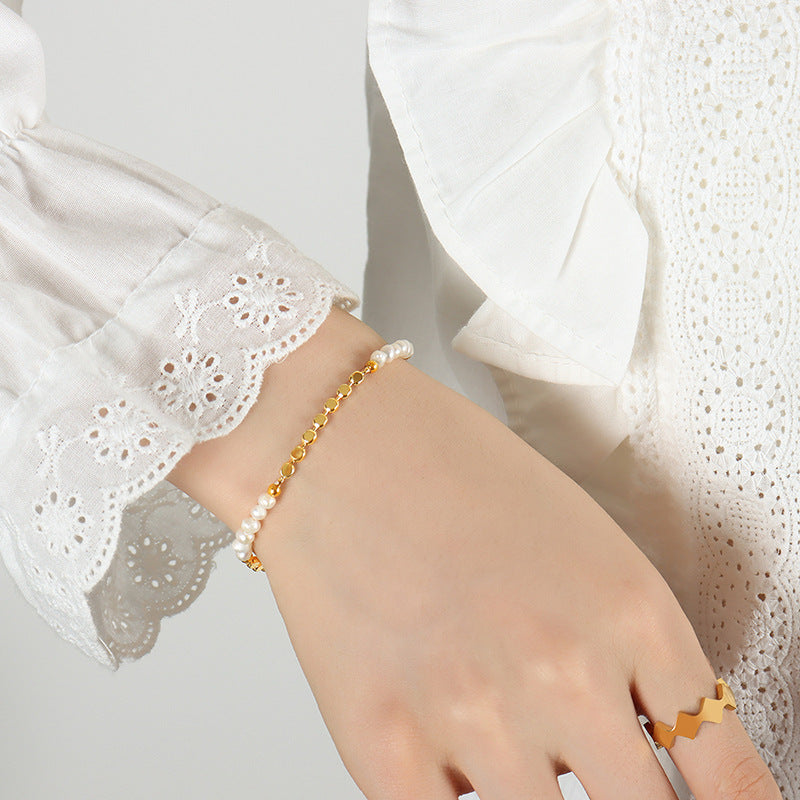 Chain temperament bright copper freshwater pearl bracelet light luxury does not fade fashion hand jewelry women
