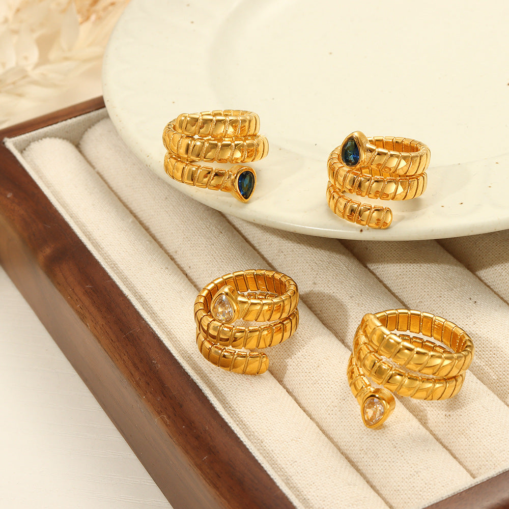 New fashionable retro personalized titanium steel gold-plated with water drop-shaped zircon winding texture open ring for women