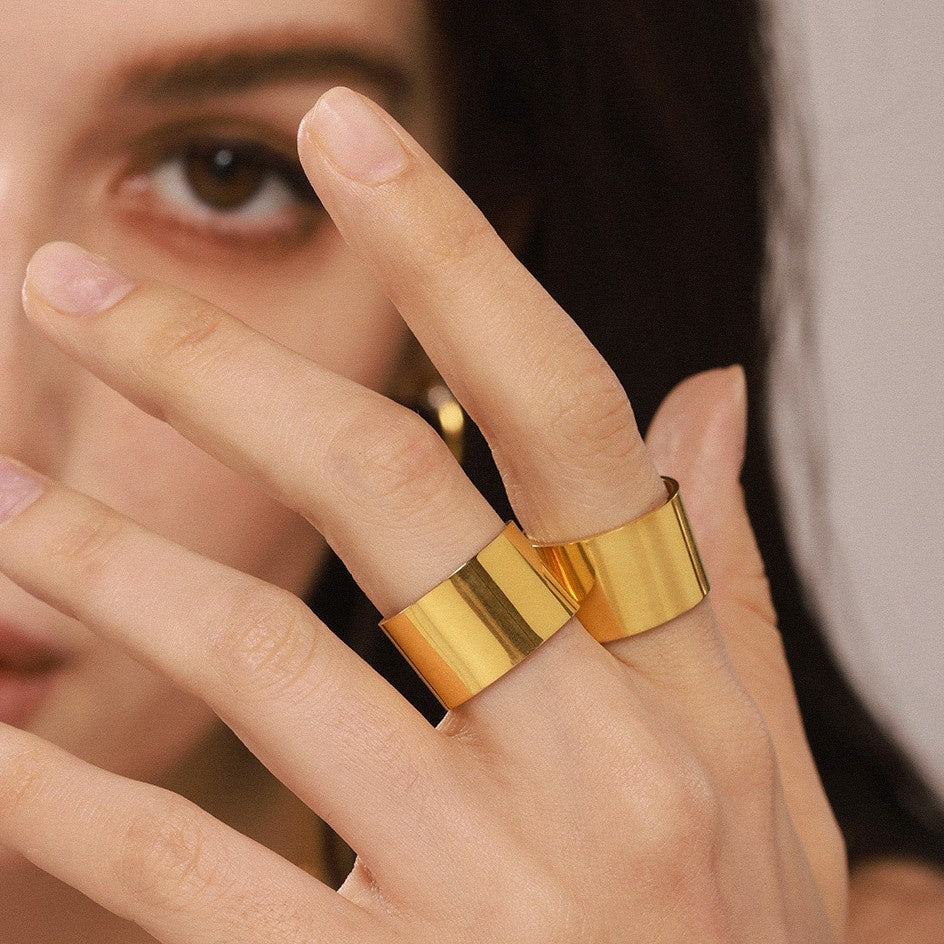 Wide version glossy ring cold wind simplicity open ring stainless steel PVD plated 18K real gold index finger ring