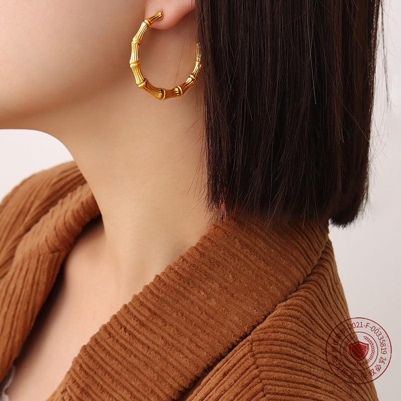 Niche design fashionable geometric C-shaped bamboo earrings electroplated 18K gold non-fading personalized earrings F565