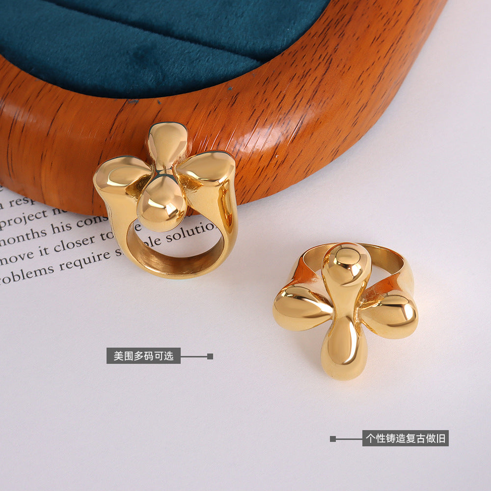 New Ring Titanium Steel Cast Water Drop Flower Geometric Ring Jewelry, 18k Real Gold Plated Jewelry Spot A068