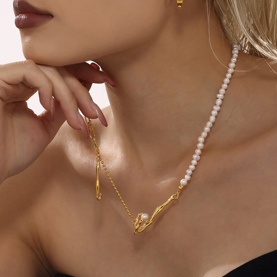 Cold wind special-shaped baroque freshwater cultured pearl necklace fashionable and elegant stainless steel jewelry women