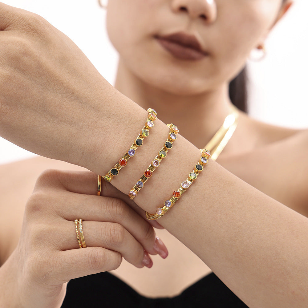 Colorful zircon blade necklace bracelet stainless steel plated 18k real gold color retention fashion light luxury set
