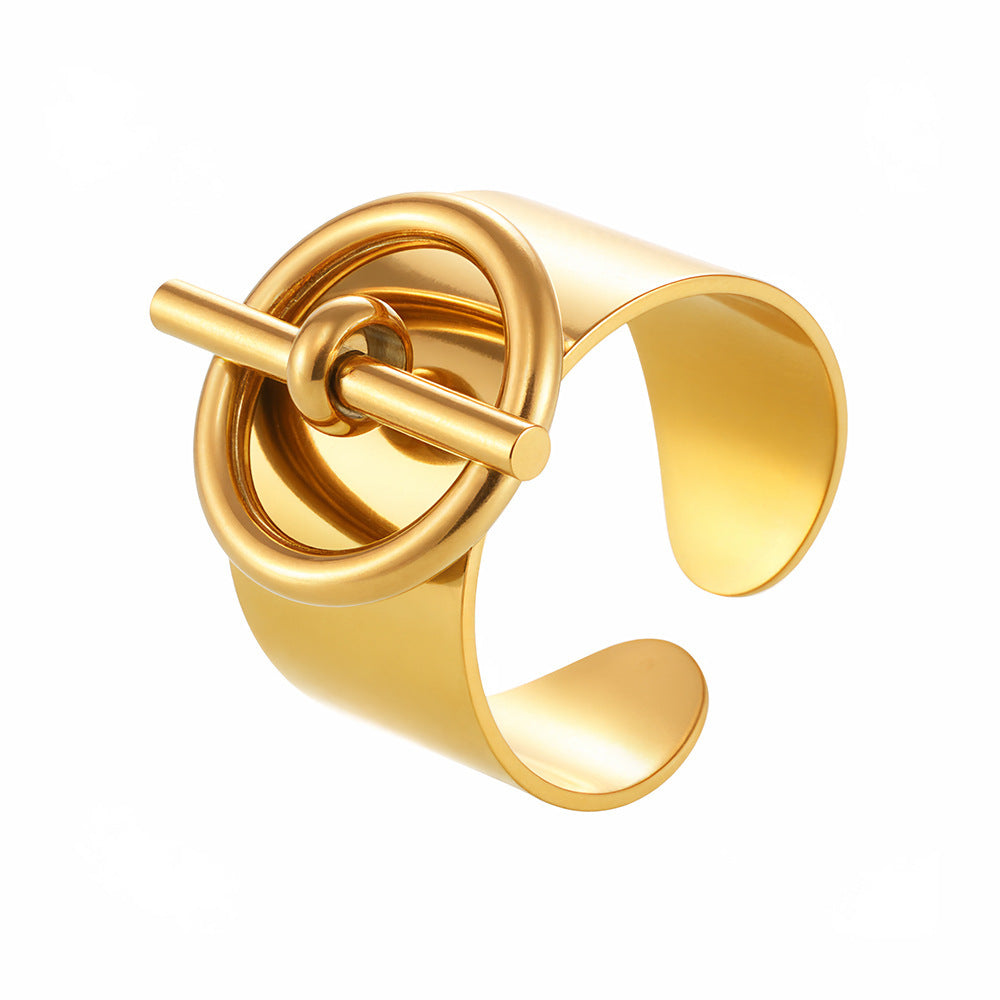 OT buckle ring opening wide surface design stainless steel plated 18K real gold personalized hip-hop index finger ring wholesale tide 99