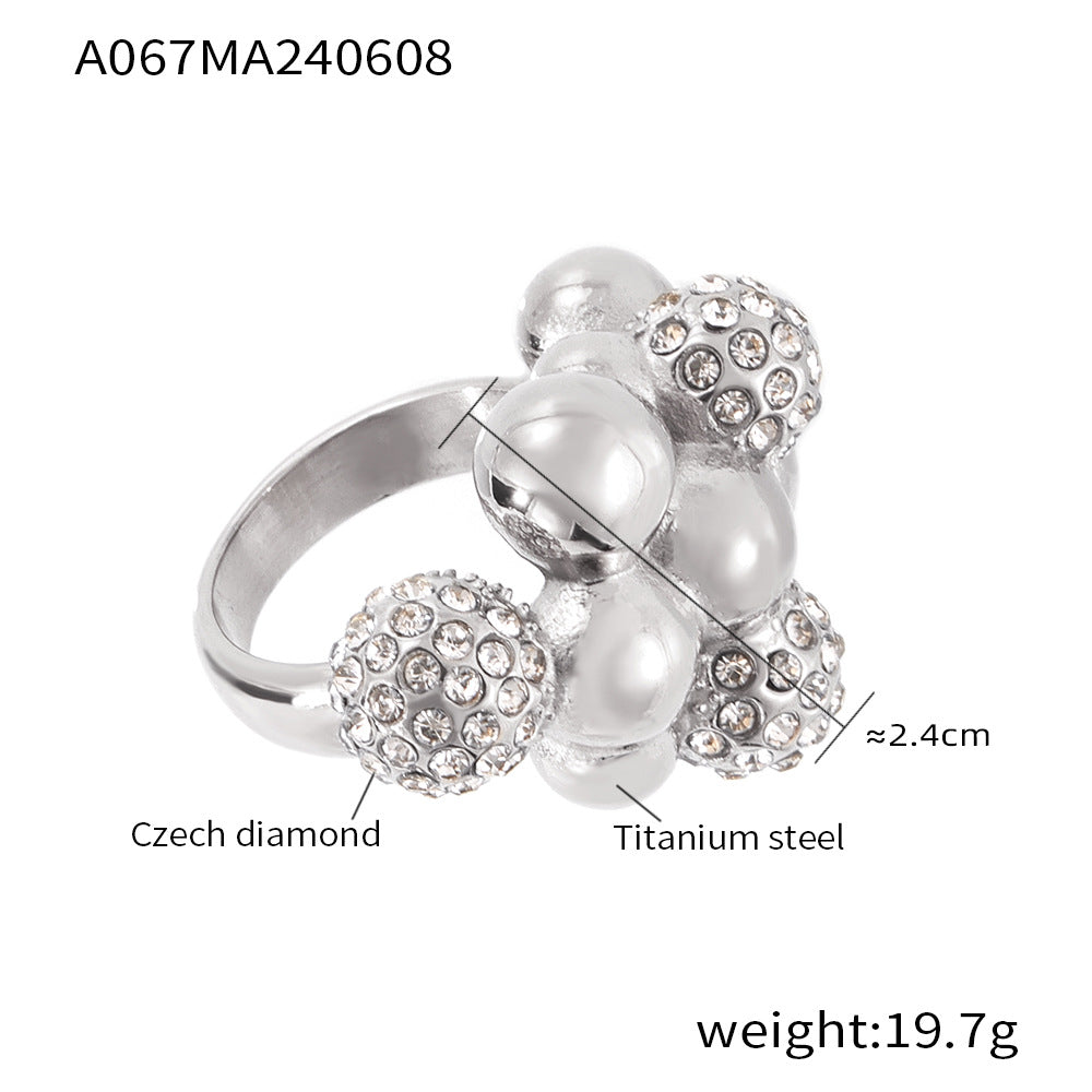 Simple personality round bead splicing titanium steel ring light luxury style diamond-set design sense temperament versatile index finger ring pp
